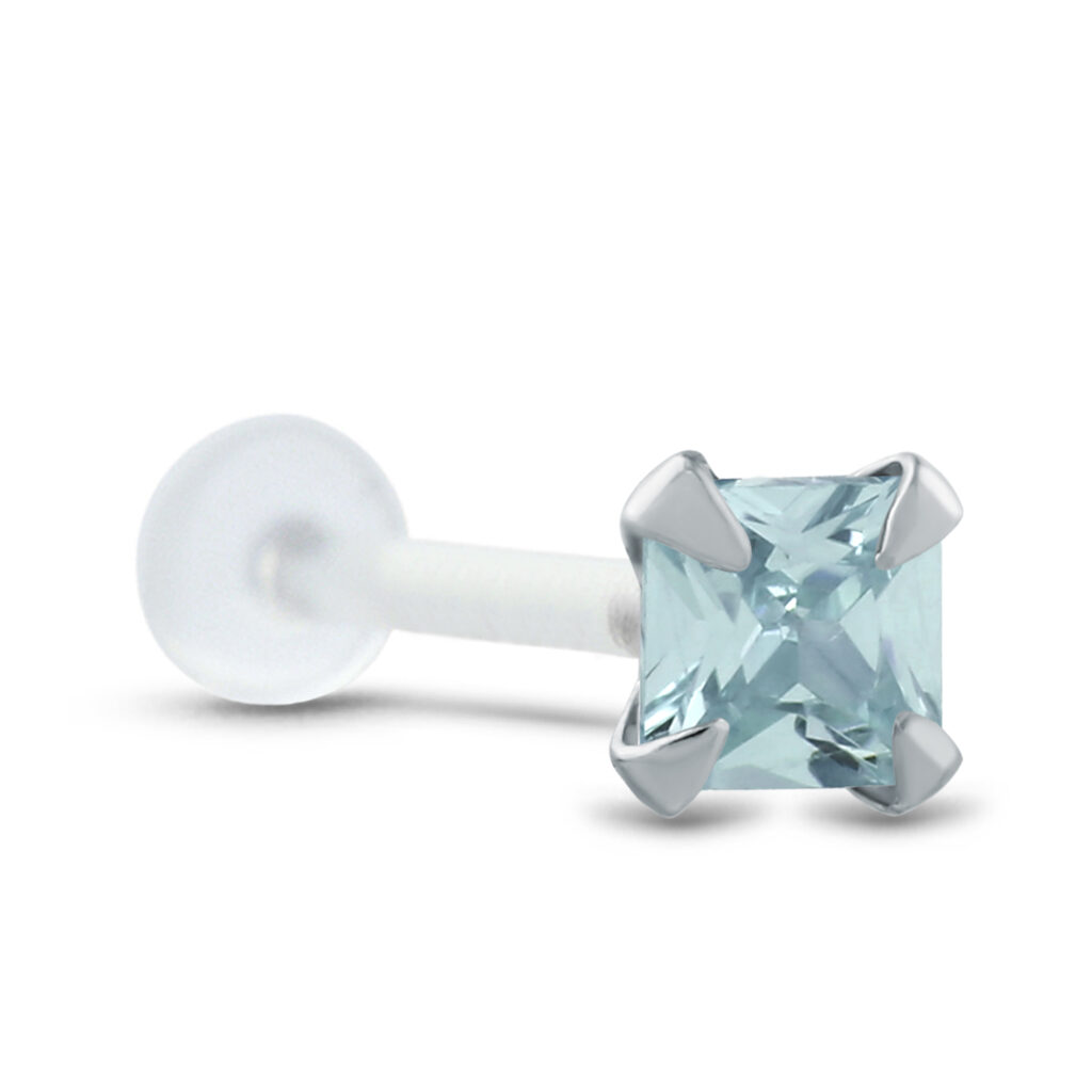 bioflex labret stud featuring a square aqua insert of sterling silver