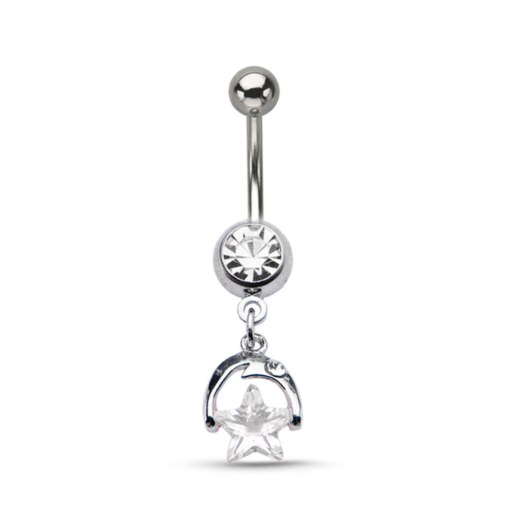 Surgical Steel navel belly button ring with clear bezel stone featuring a Dangling Clear Star Design