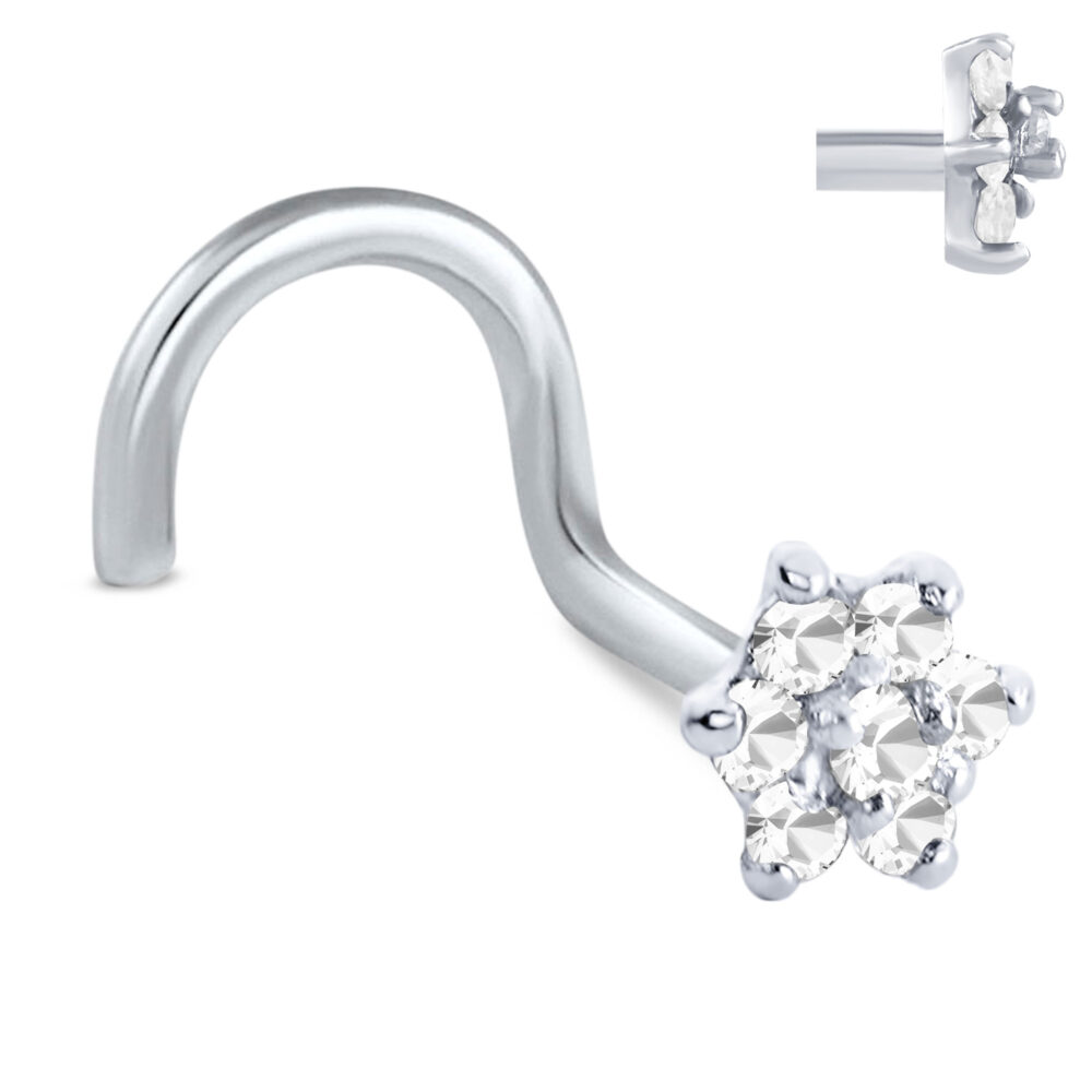 White Gold Christina Flower Right Nostril Screw Featuring a 7 Stone Design