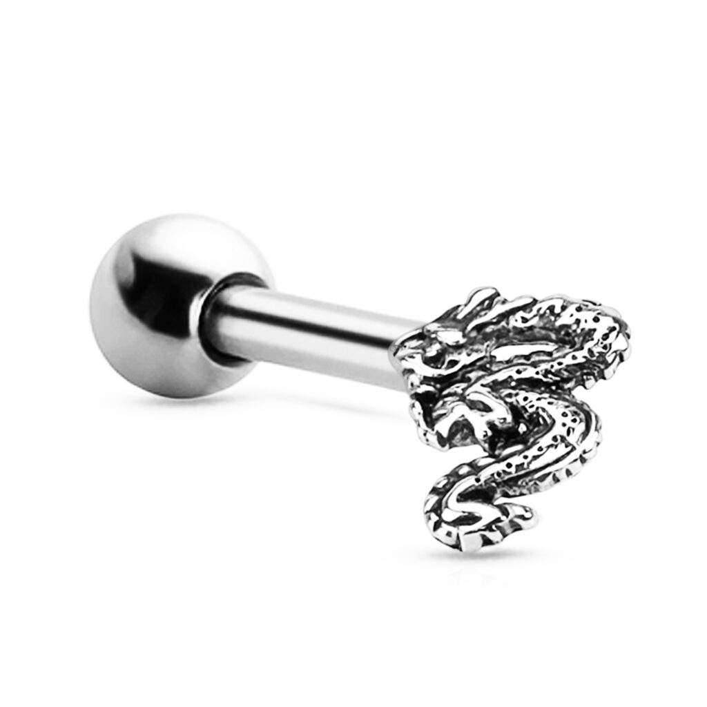 surgical steel ear cartilage stud featuring a dragon design