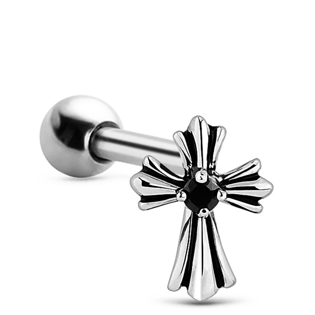 surgical steel ear cartilage stud featuring a cross design with a black stone