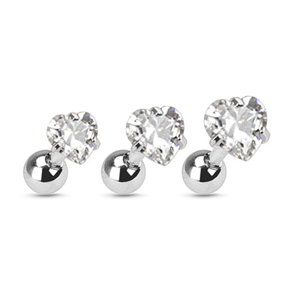 3 pack of surgical steel ear cartilage studs in 3 different sizes, featuring a clear cz heart design