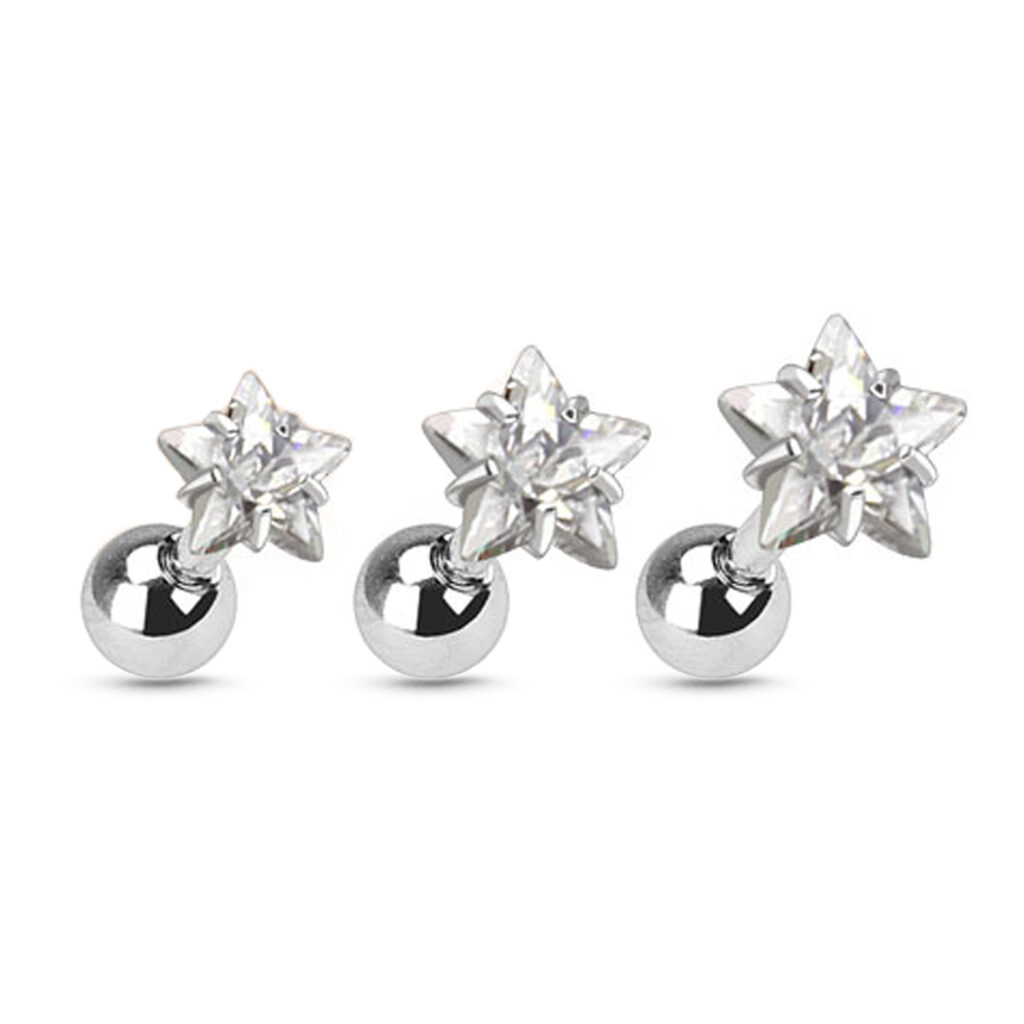 3 pack of surgical steel ear cartilage studs in 3 different sizes, featuring a clear cz star design