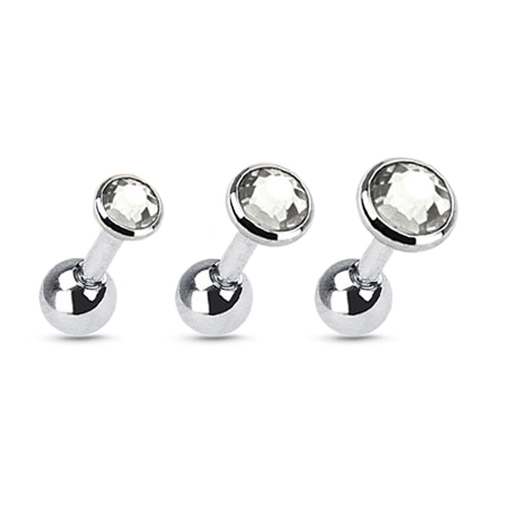 3 pack of surgical steel ear cartilage studs in 3 different sizes, featuring a clear bezel set design