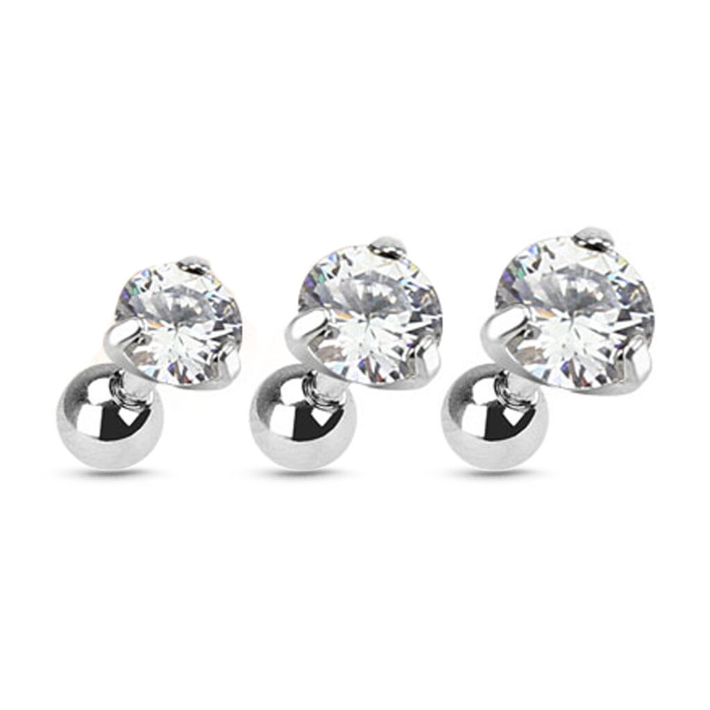 3 pack of surgical steel ear cartilage studs in 3 different sizes, featuring a round clear, 3 prong cz design