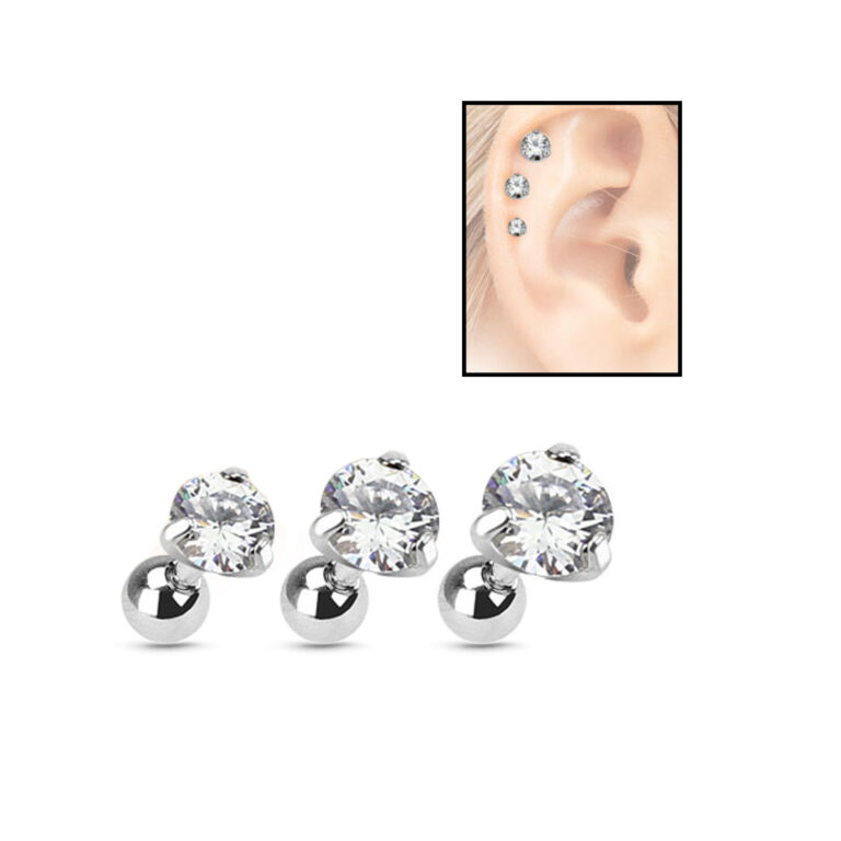 3 pack of surgical steel ear cartilage studs in 3 different sizes, featuring a 3 prong cz design and showing the studs being worn