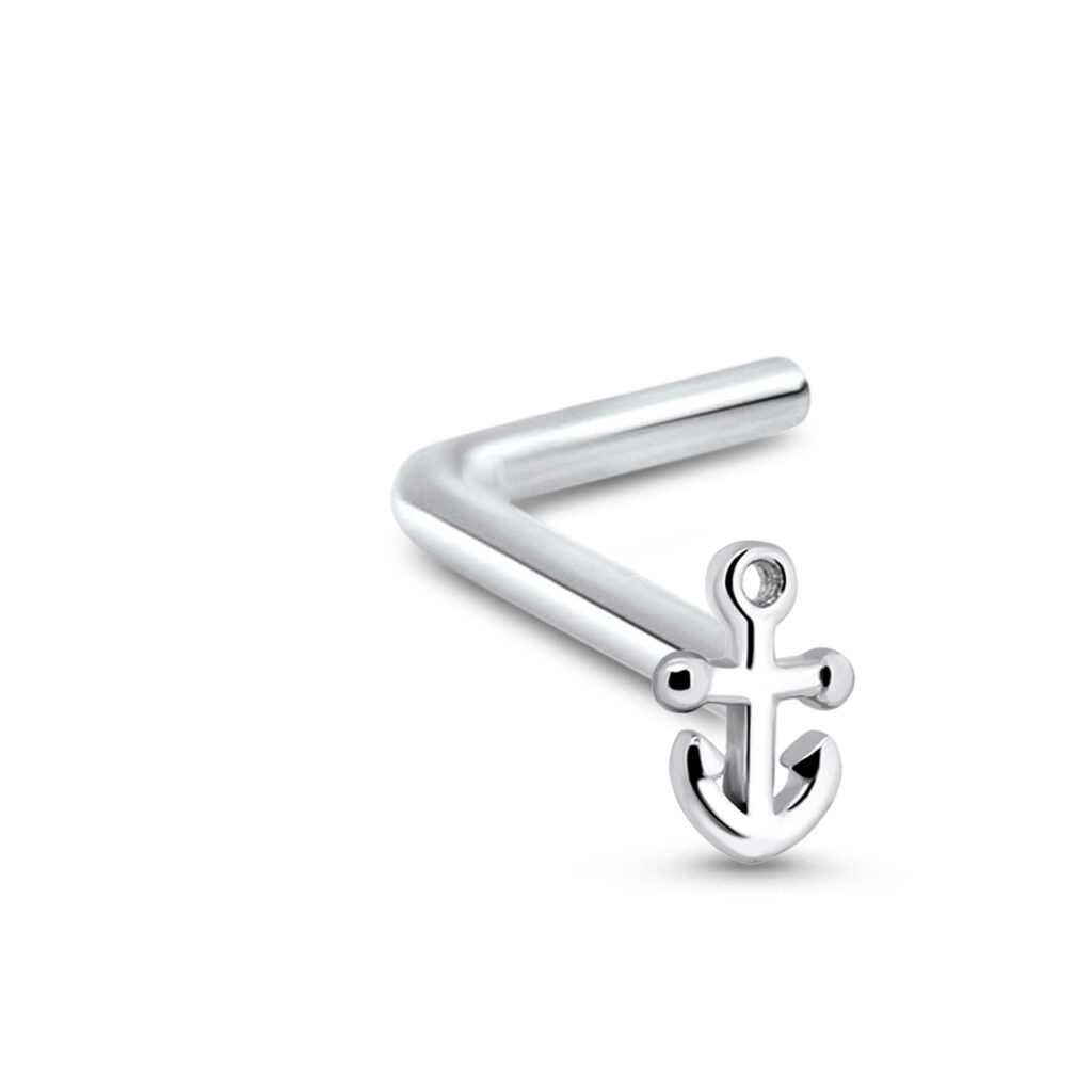 sterling silver lbend nose stud featuring an anchor design