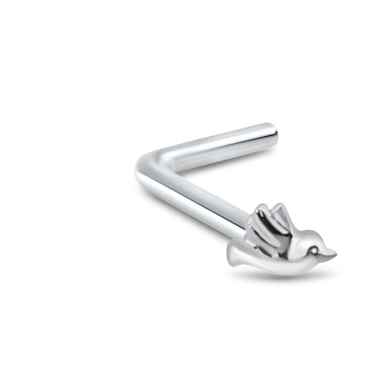 sterling silver lbend nose stud featuring a bird design