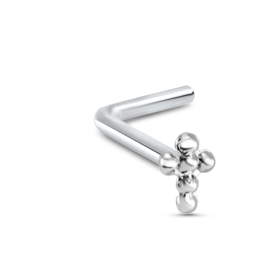 sterling silver lbend nose stud featuring a studded cross design