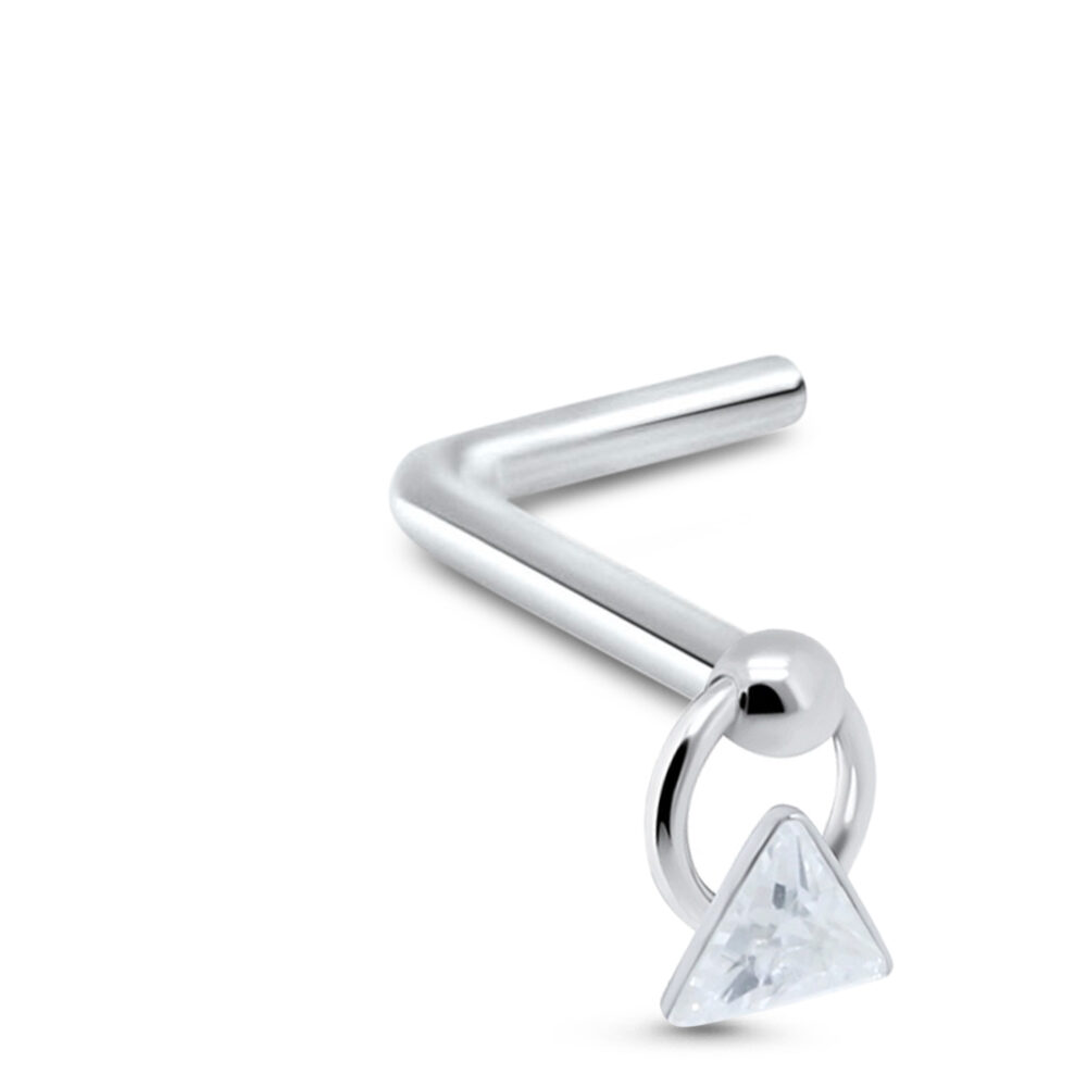sterling silver lbend nose stud featuring a clear triangle CZ hoop design