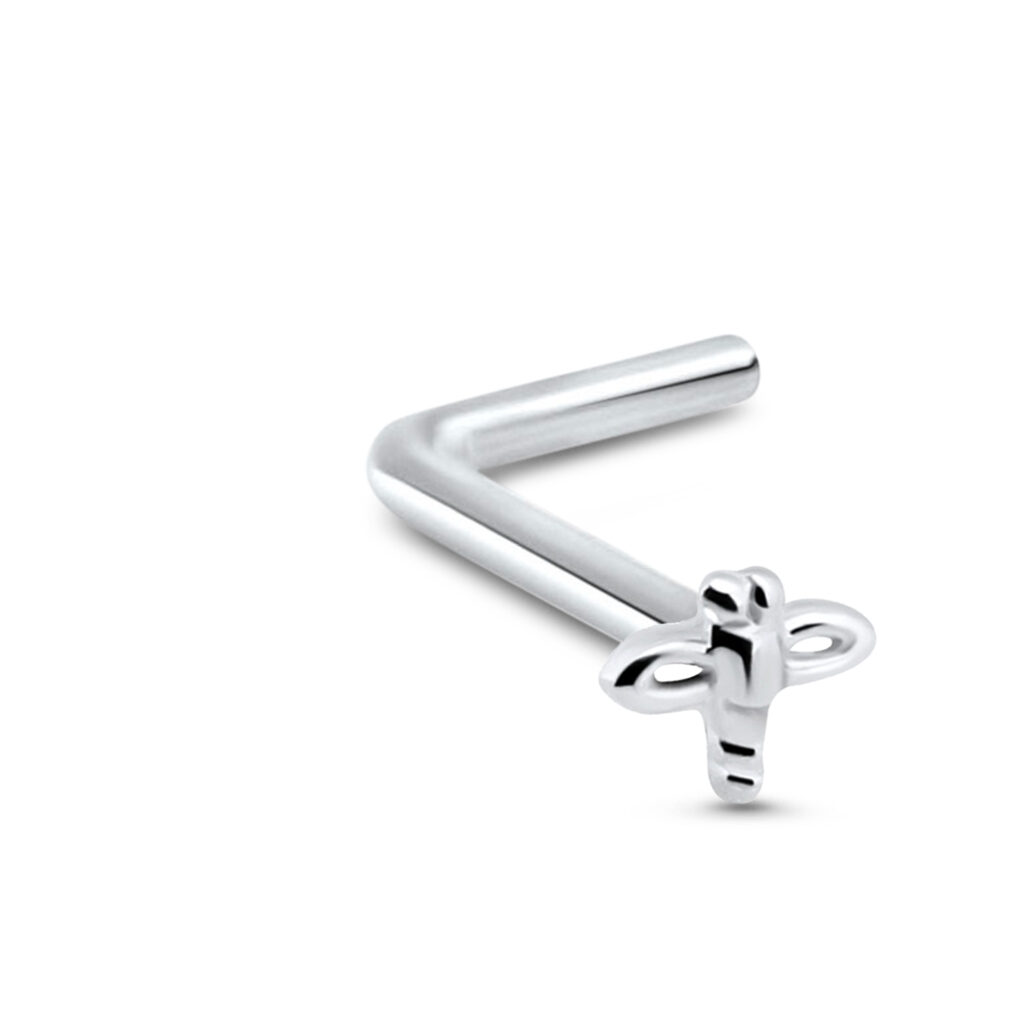 sterling silver lbend nose stud featuring a dragonfly design