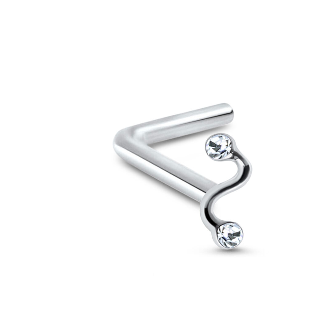 sterling silver lbend nose stud featuring a twisted design with a clear stone on each end