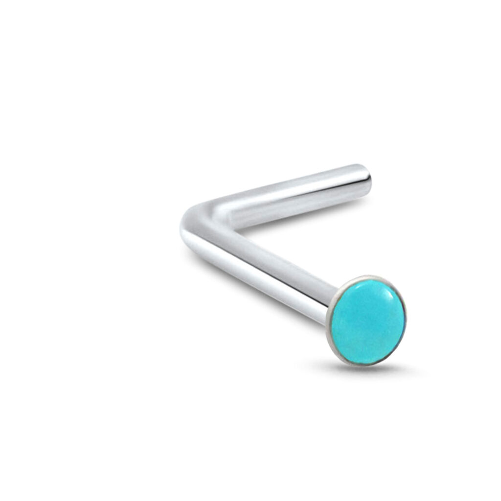 sterling silver lbend nose stud featuring a 2mm faux turquoise stone