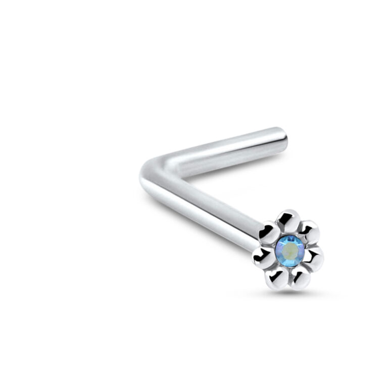 sterling silver lbend nose stud featuring a flower design with an aurora stone