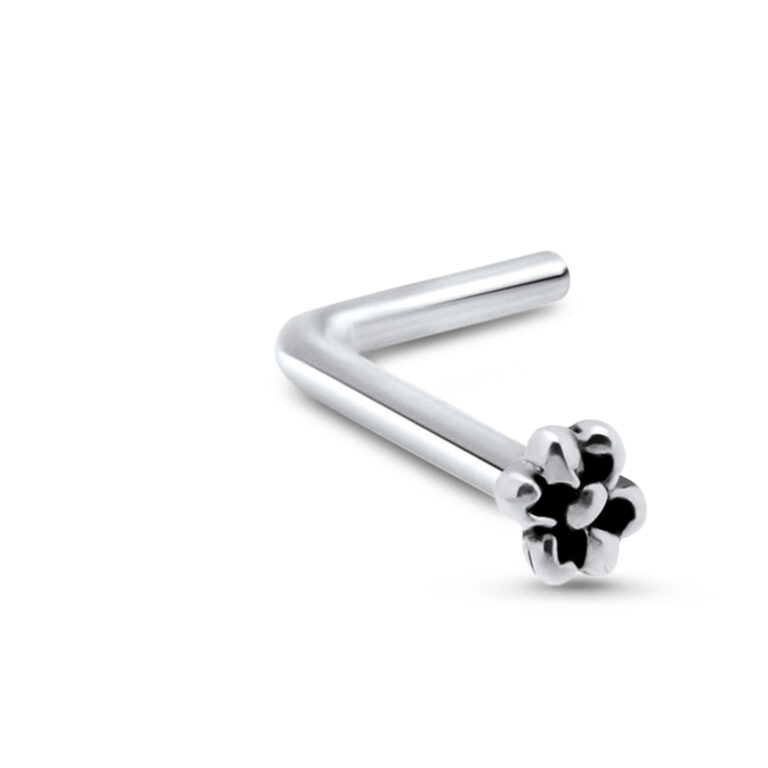 sterling silver lbend nose stud featuring a flower design