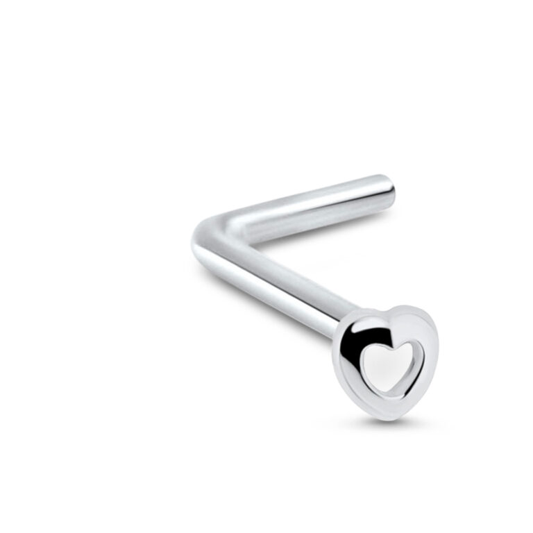 sterling silver lbend nose stud featuring a hollow heart design