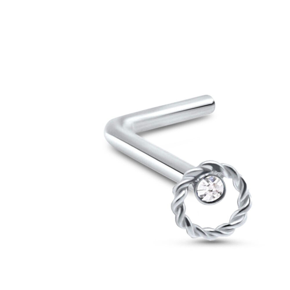 sterling silver lbend nose stud featuring a twisted circle design with a clear gem