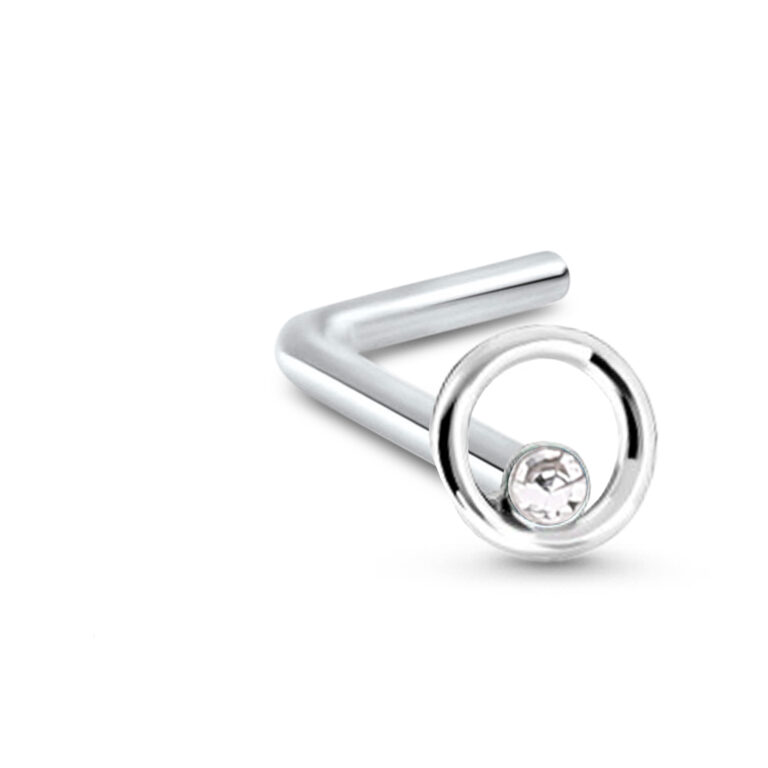 sterling silver lbend nose stud featuring a circle design with a clear gem