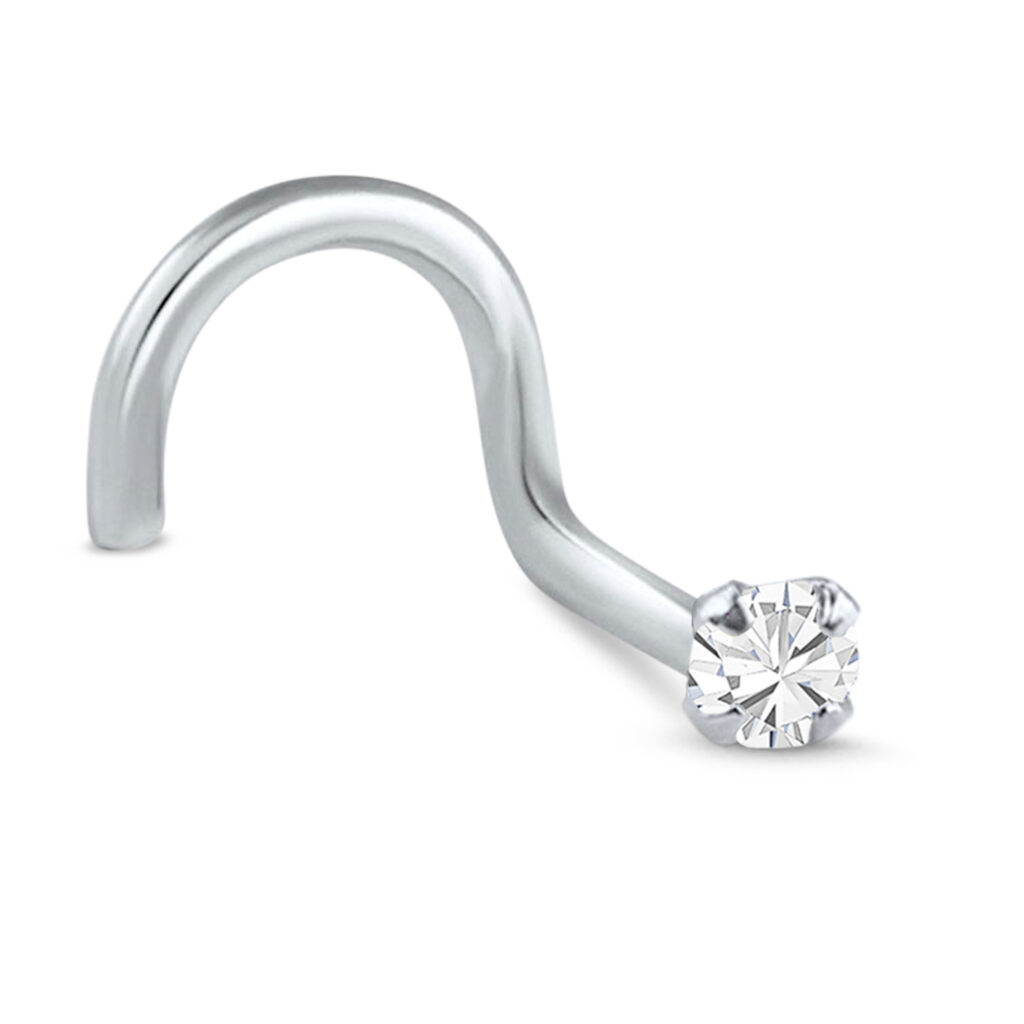 sterling silver right nostril screw nose stud featuring a prong set 2mm clear cz stone