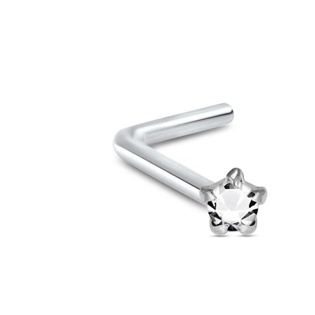 sterling silver lbend nose stud featuring a star design with a clear stone