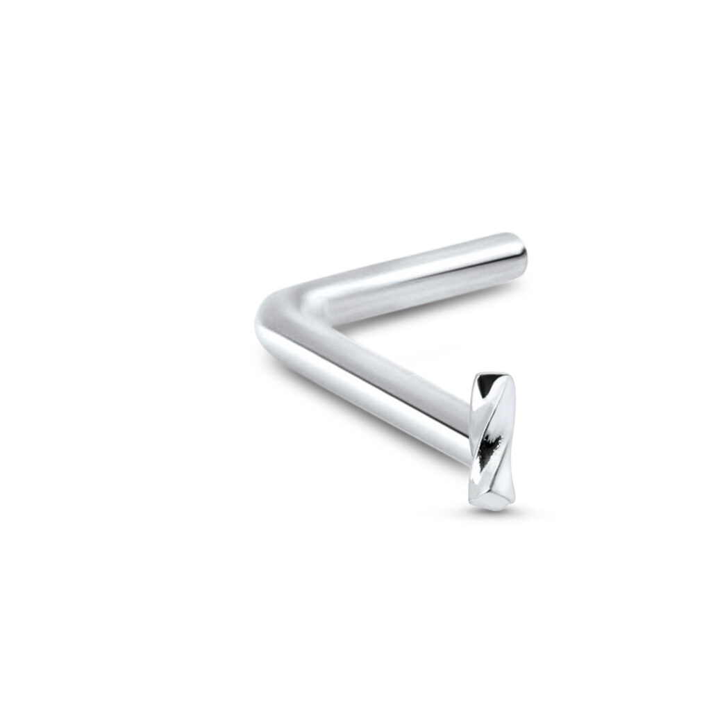 sterling silver lbend nose stud featuring a licorice twist design