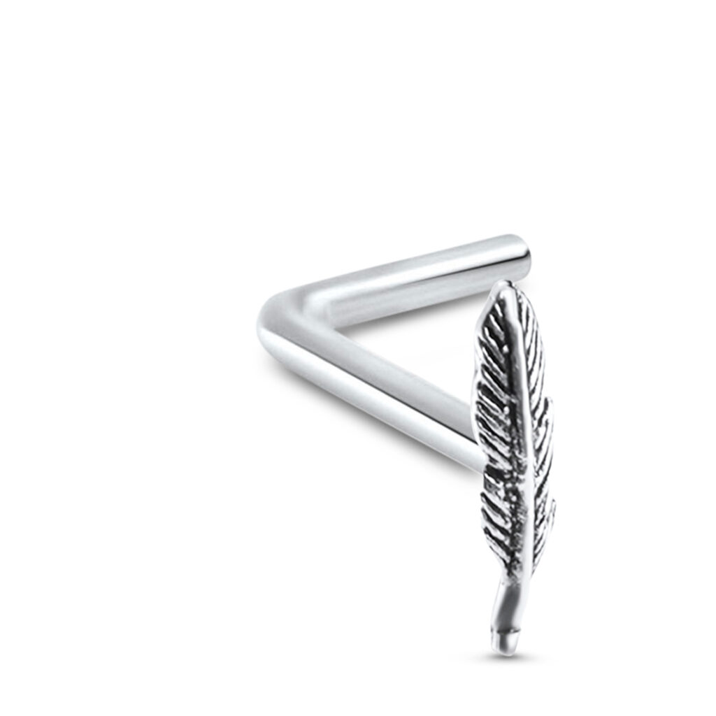 sterling silver lbend nose stud featuring a feather design