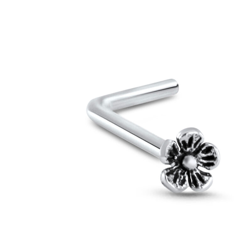 sterling silver lbend nose stud featuring a flower design