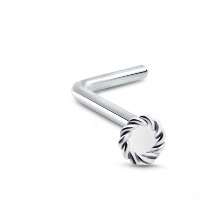 sterling silver lbend nose stud featuring a braided hollow circle design