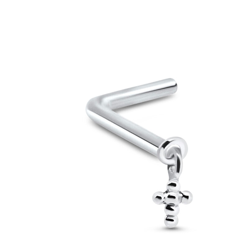 sterling silver lbend nose stud featuring a dangling cross design