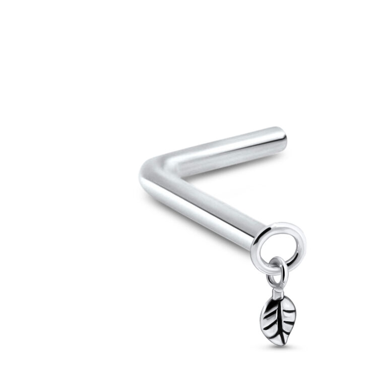 sterling silver lbend nose stud featuring a dangling leaf design