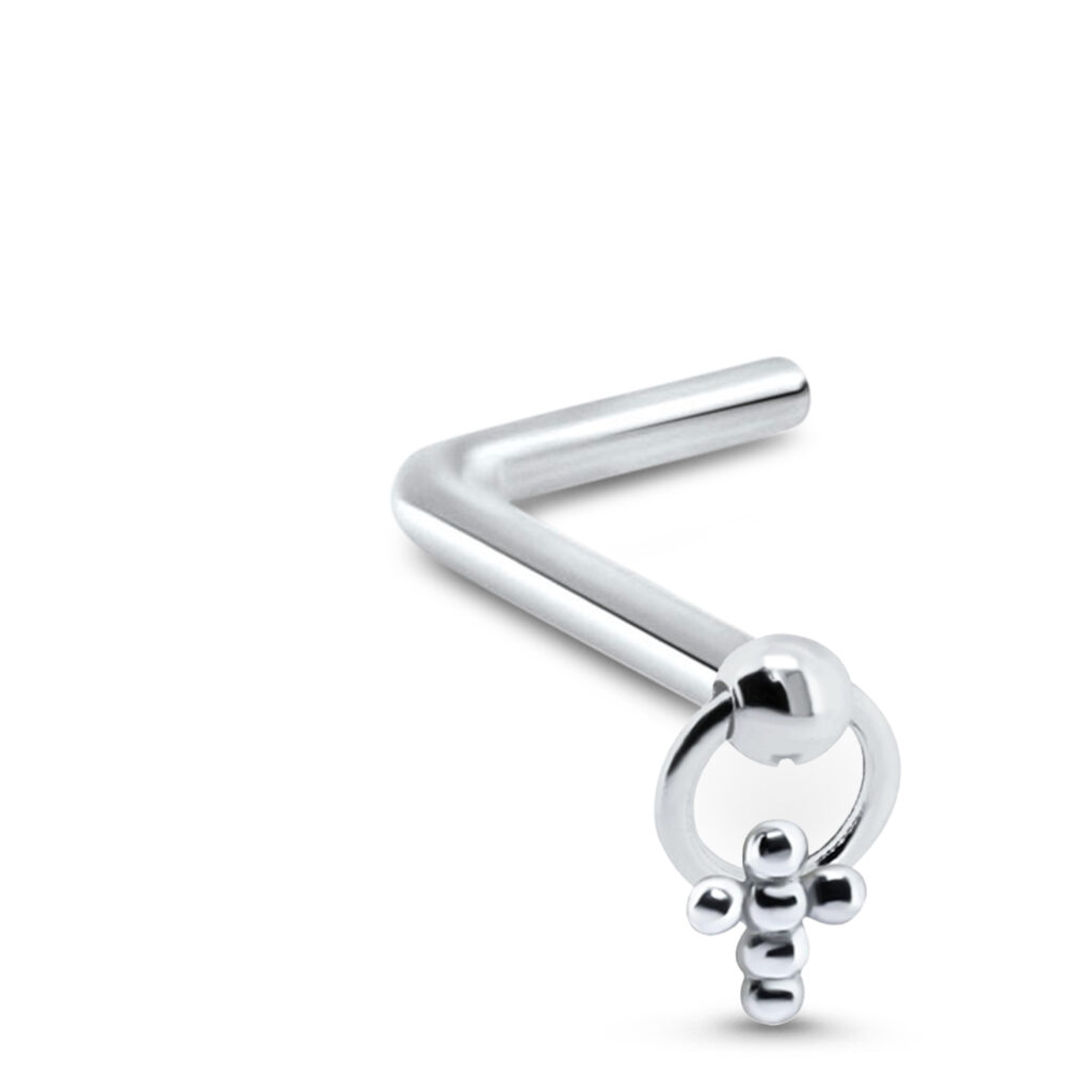 sterling silver lbend nose stud featuring a dangle cross design