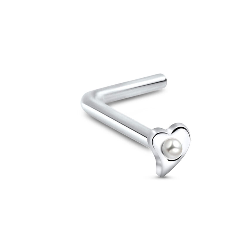 sterling silver lbend nose stud featuring a heart design with a faux pearl stone center