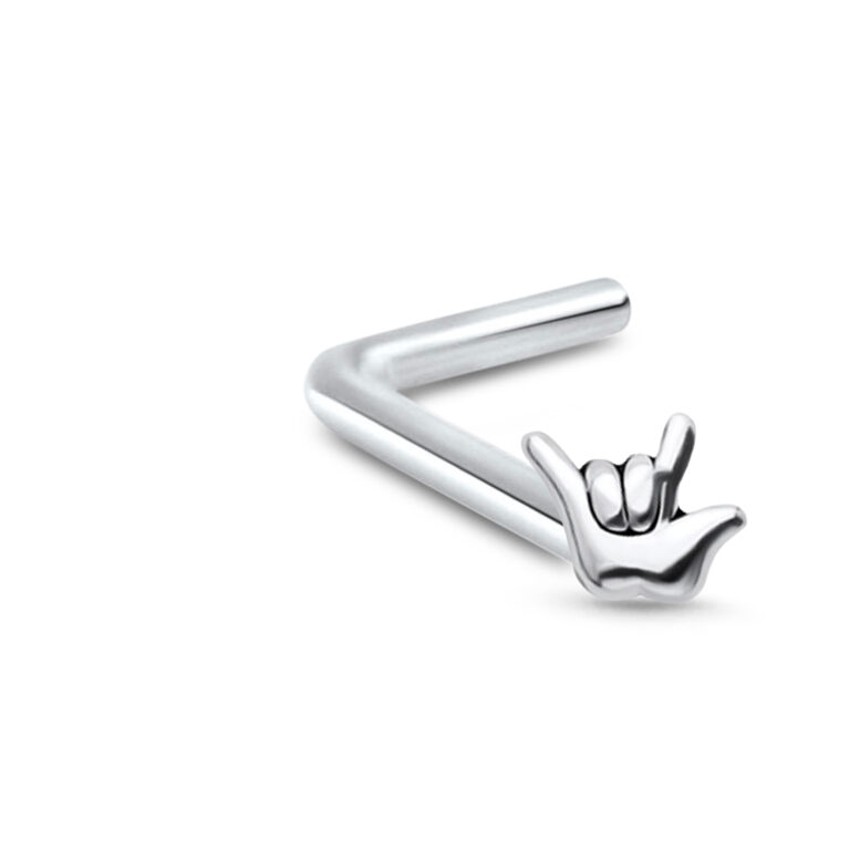 sterling silver lbend nose stud featuring the sign language "i love you"