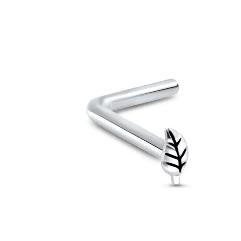 sterling silver lbend nose stud featuring a leaf design