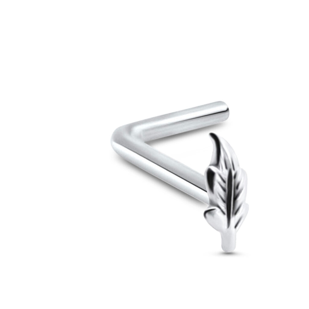 sterling silver lbend nose stud featuring a leaf design