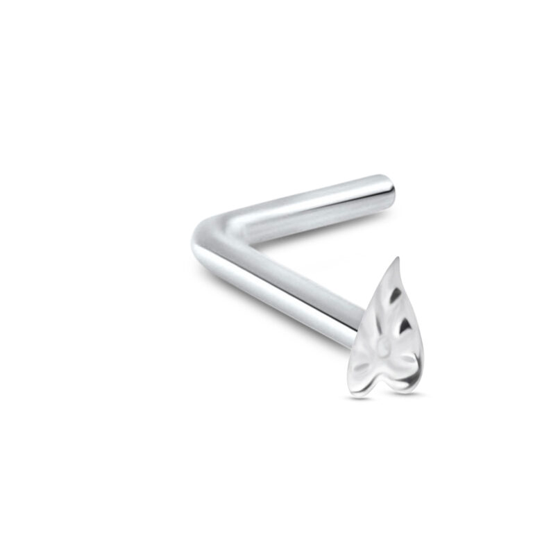 sterling silver lbend nose stud featuring a leaf design