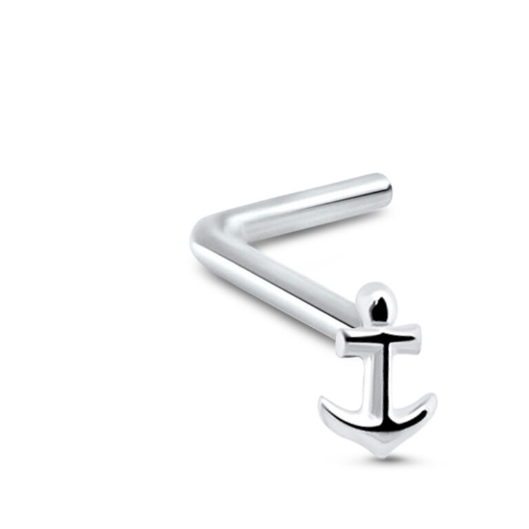 sterling silver lbend nose stud featuring an anchor design