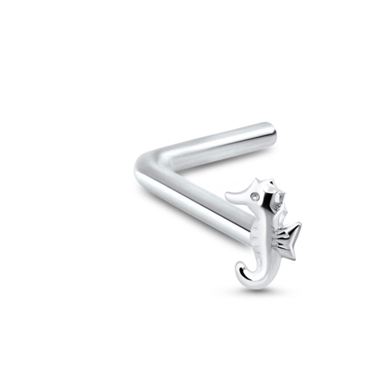 sterling silver lbend nose stud featuring a seahorse design