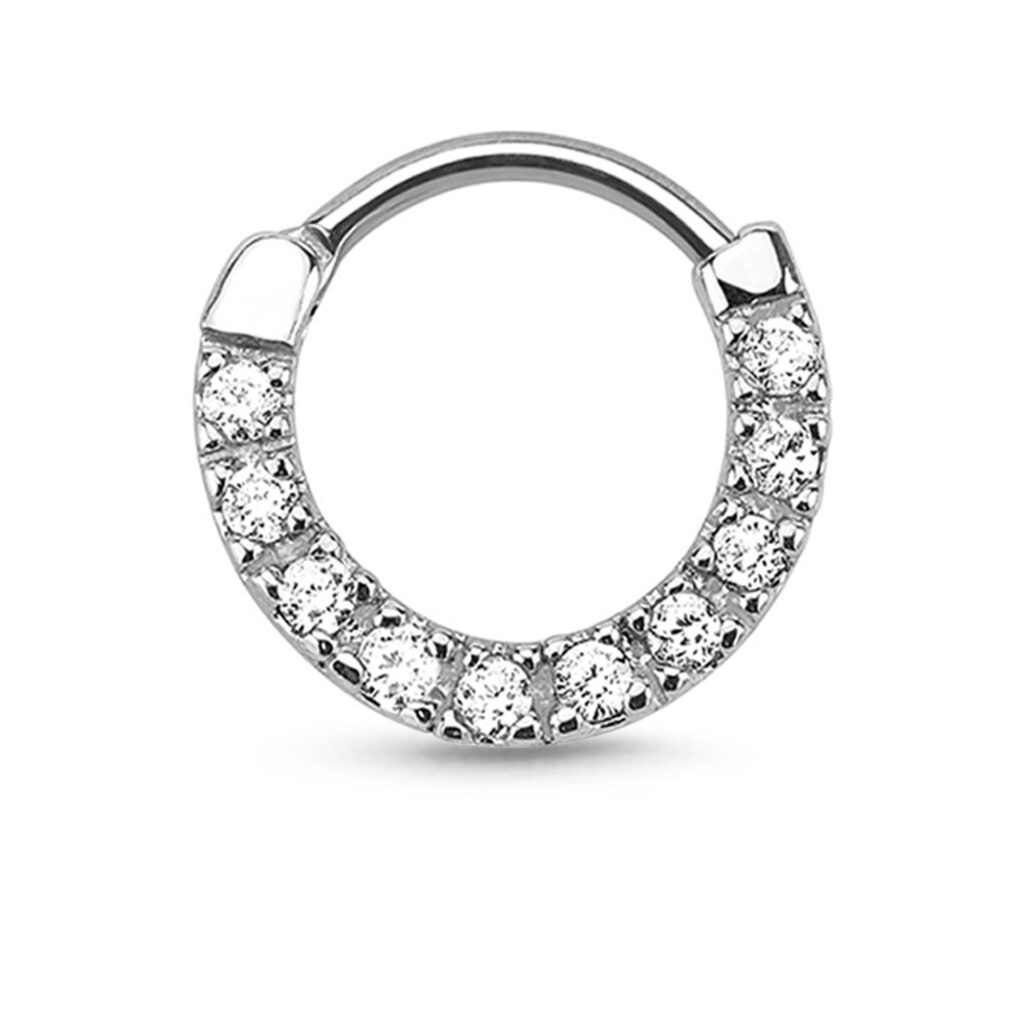surgical steel septum hoop clicker with one stone row of small clear stones