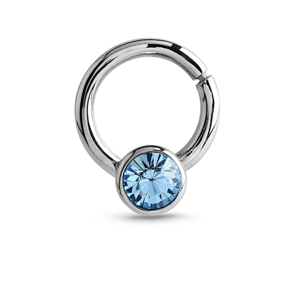 Surgical Steel Hinged Septum Clicker Nose Ring Hoop featuring a Aqua Bezel Design