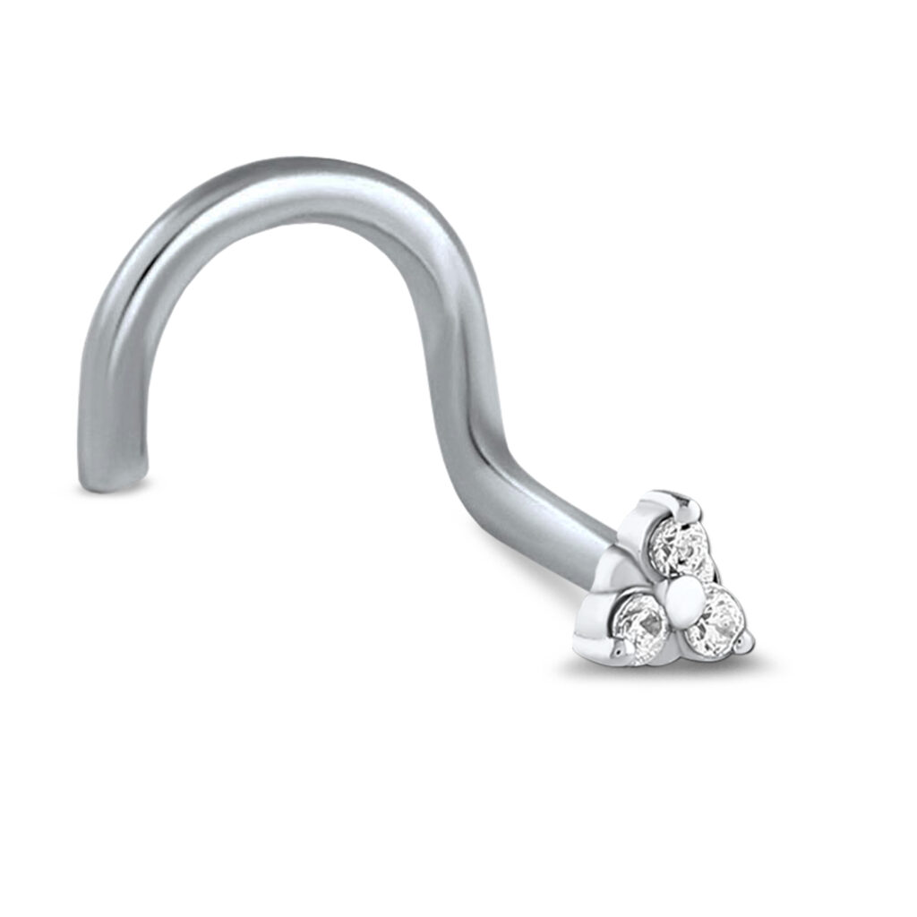 Surgical Steel right nose screw nose stud featuring a clear 3 stone Triangle design