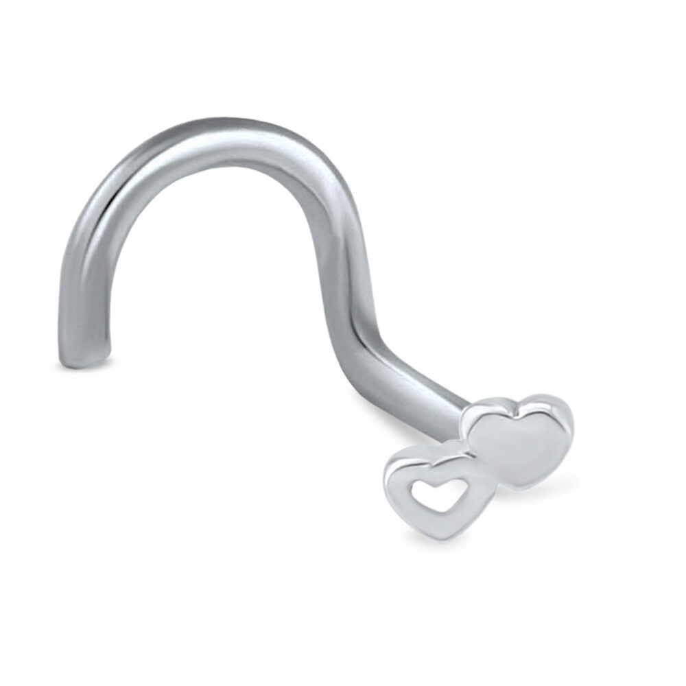 surgical steel right nostril screw nose stud featuring a double heart design