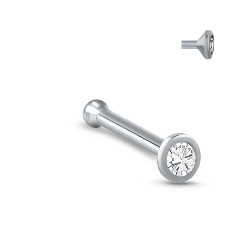 surgical steel nose bone stud featuring a 2mm bezel design with a 1.5mm clear stone and showing the profile of the stud