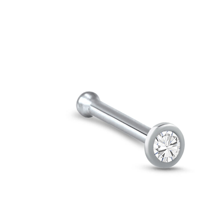 surgical steel nose bone stud featuring a 2mm bezel design with a 1.5mm clear stone