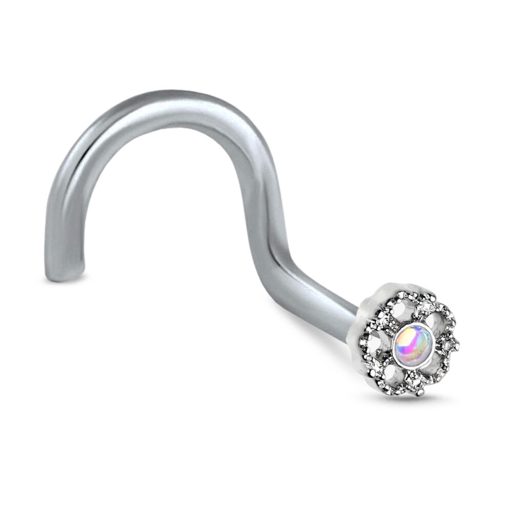 surgical steel right nostril screw nose stud featuring an illuminating lotus flower design