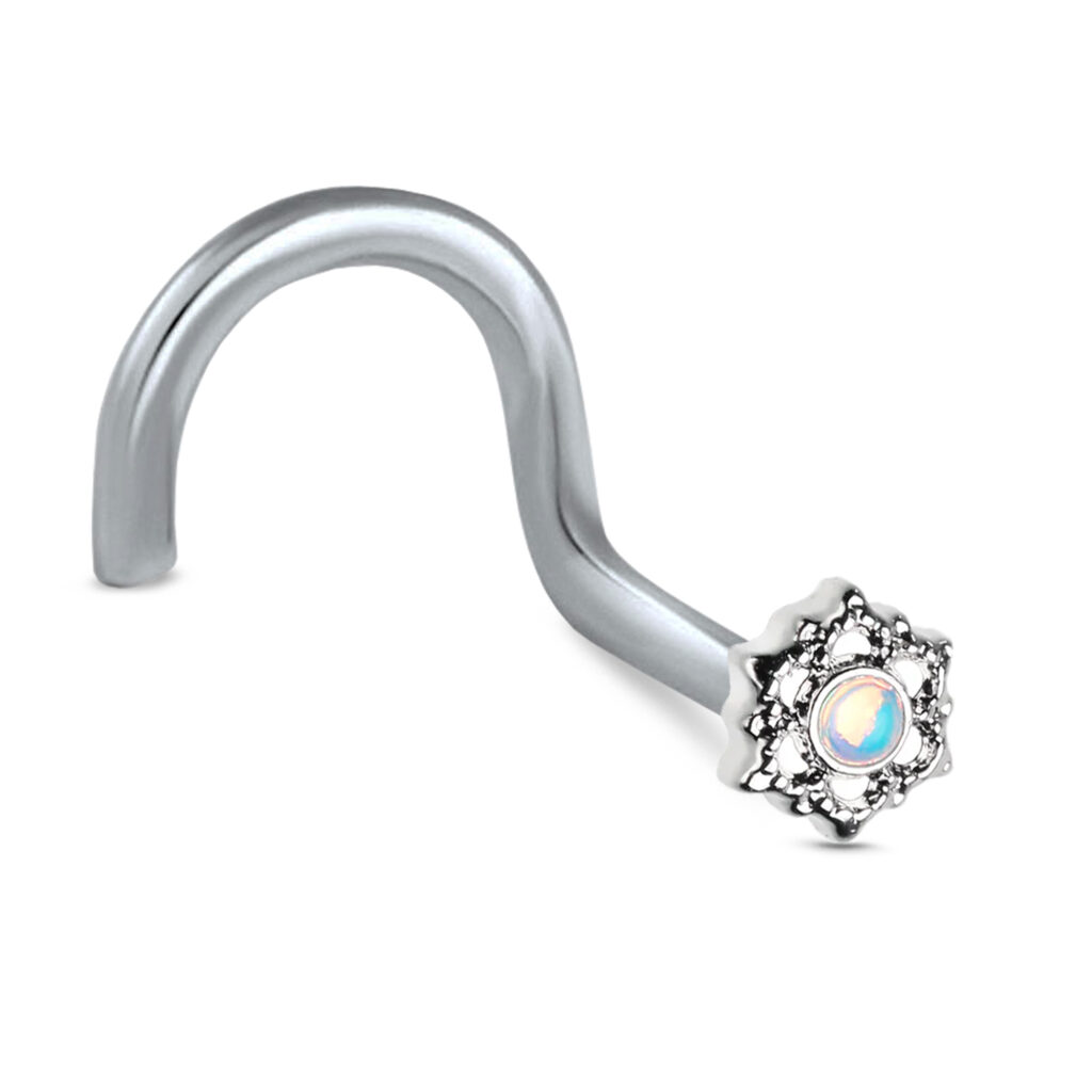 surgical steel right nostril screw nose stud featuring an illuminating mandala flower design