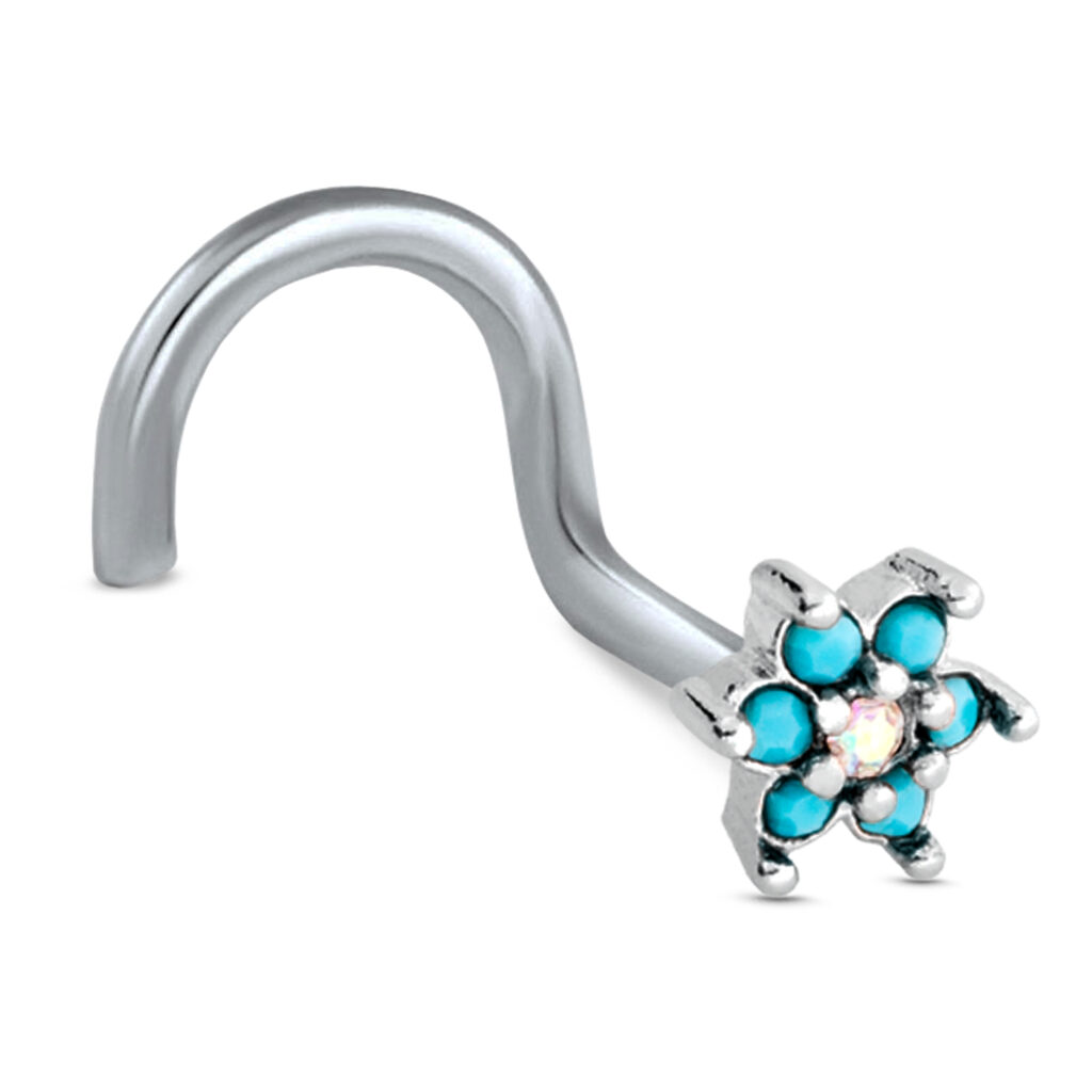 surgical steel right nostril screw nose stud featuring a faux turquoise and aurora flower design