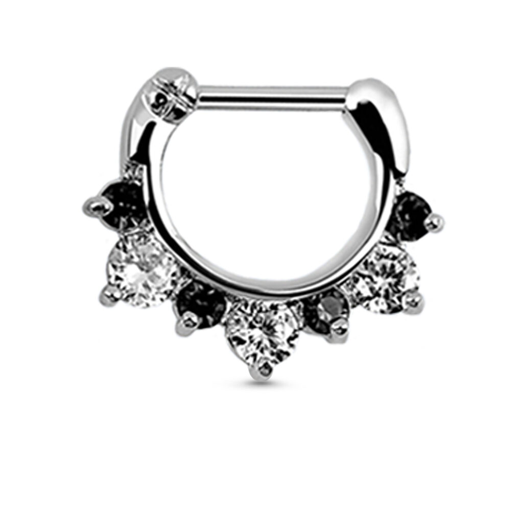 surgical steel hinged septum clicker hoop featuring clear and black stones