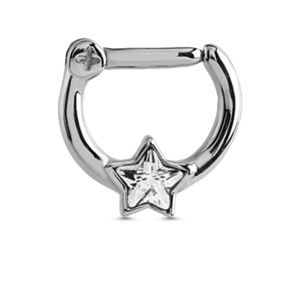 surgical steel hinged septum clicker hoop featuring a clear star design