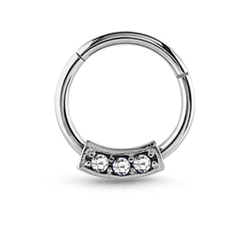 Surgical Steel Hinged Septum Clicker Nose Ring Hoop featuring a Triple Stone Design